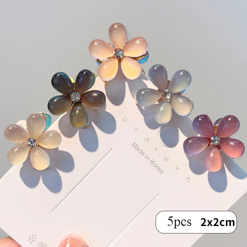 5pcs Double Side Crystal Flower Hair Claw Rhinestones Alloy Hair Clamp for Girls Sweet Summer Side Clip Hair Styling Accessories: Pale Pinkish Grey