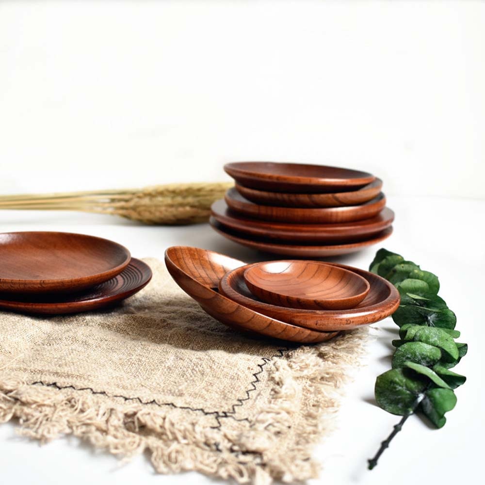 Plato de postre redondo de madera de estilo japonés, platos de fruta, platillo, bandeja de té, plato de cena de postre, suministros de vajilla para el hogar, 1 Uds.