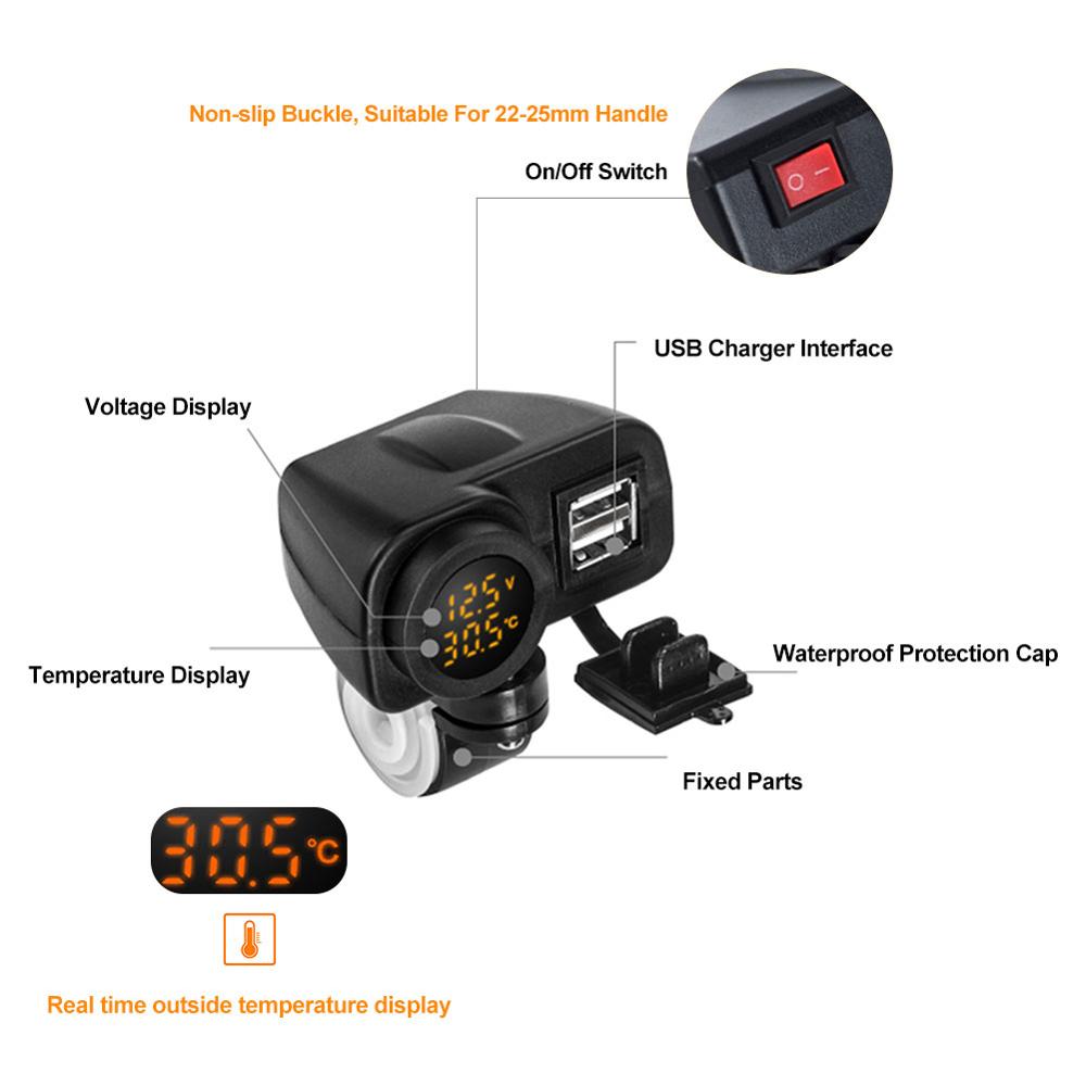 Dc 12-24V Motorfiets Telefoon Snellader Digitale Display Voltmeter Thermometer Dual Usb Lader Snelle Levering Csv