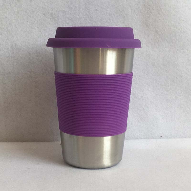 500ml Portable Practical Reusable Stainless Steel Silicone Cap Coffee Cups Eco Friendly Non-slip Travel Mugs Useful Wine Cup: Purple Stainless Cup