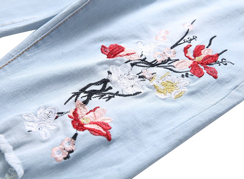 Ripped Jeans with Embroidery Men with Flowers Rose Embroidered Men's Holes Denim Jeans Stretch Skinny Plus Size Jeans Pants