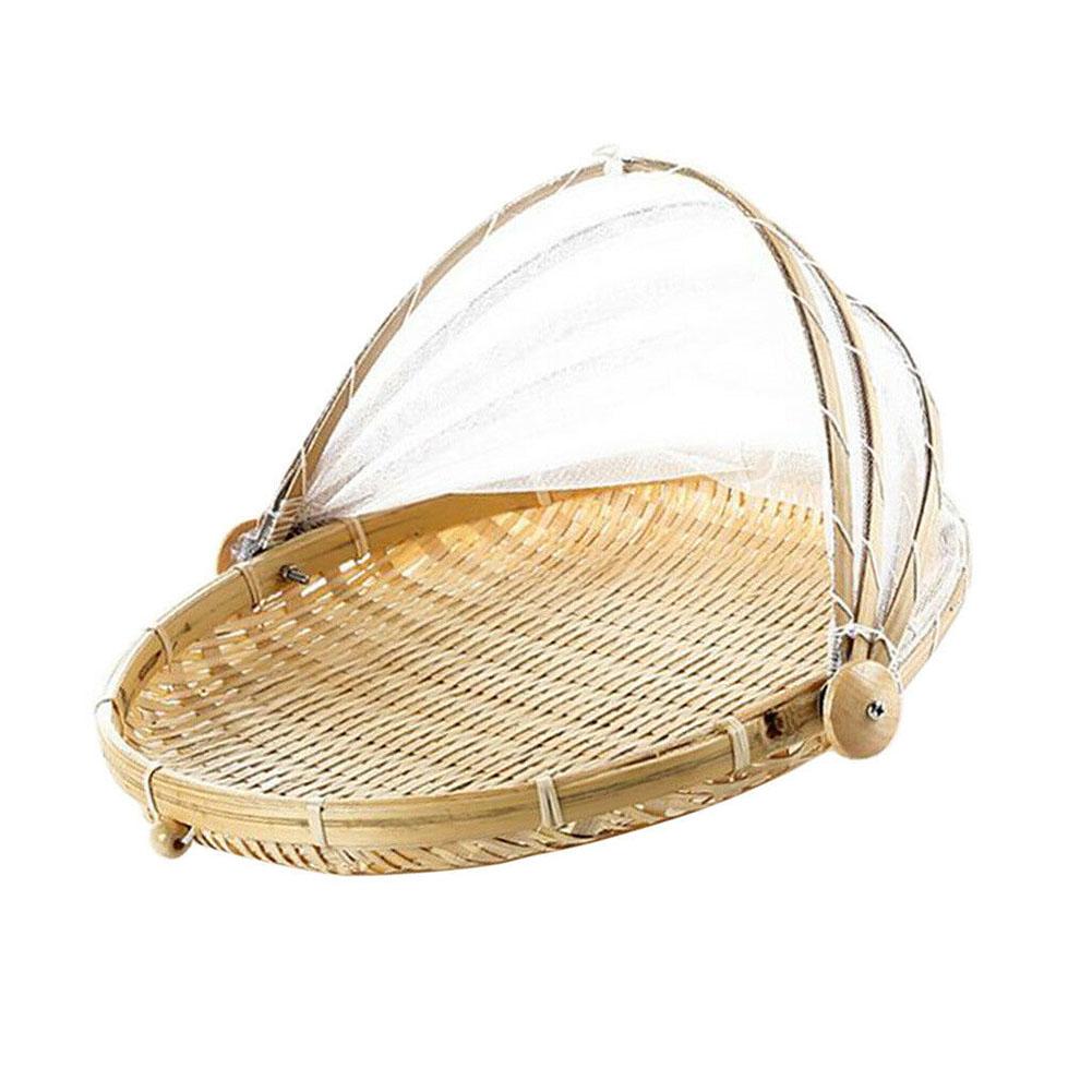 Hand-Woven Rectangular Bamboo Food Serving Tent Storage Basket Tray Mesh Storage Container With Gauze Cover