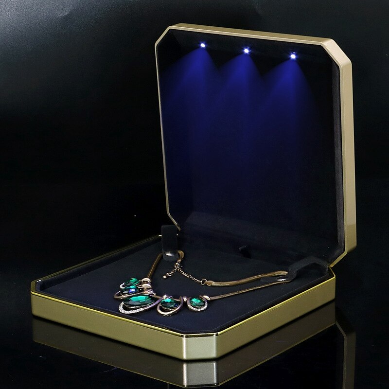 LED bijoux grand ensemble boîte organisateur perle boucle d'oreille collier affichage coffrets pour mariage pliable en plastique bijoux mallette de rangement: Gold style 2