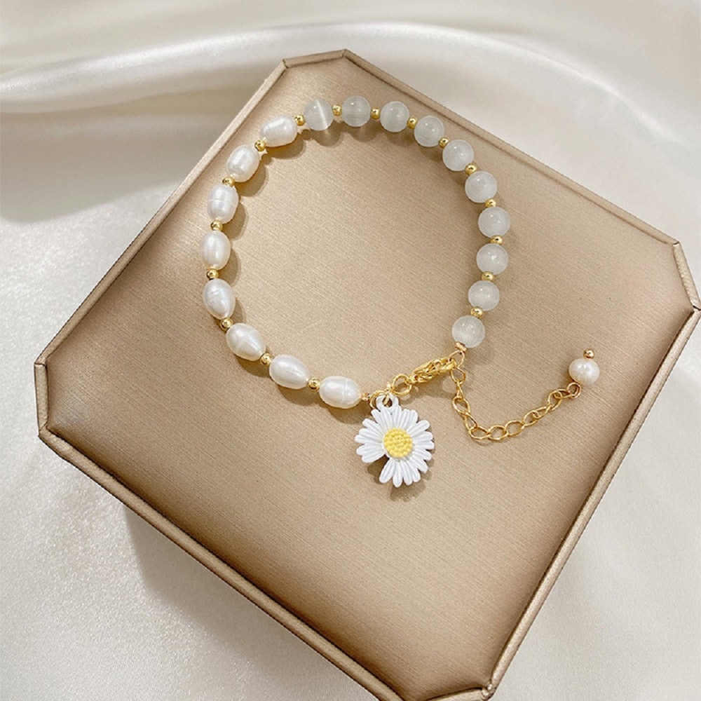 Koreaanse Ovale Parel Opaal Kleine Daisy Bloem Armbanden Voor Vrouwen Sieraden Verstelbare Eenvoudige Armbanden Sieraden