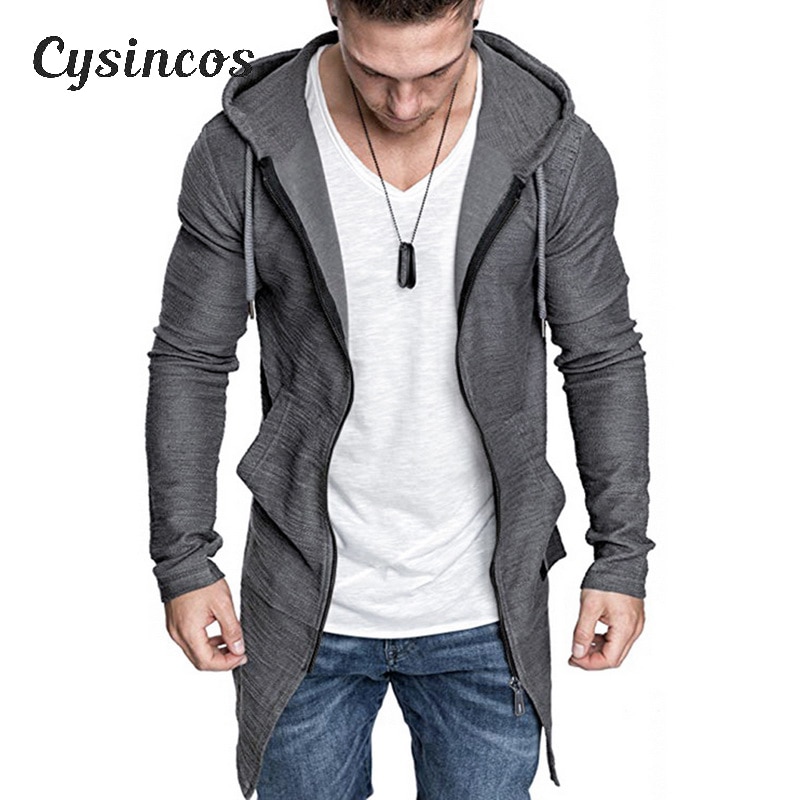 CYSINCOS Men's Long Cardigan Sweater Jacket Hooded Zipper Slim Fit Open Front Longline Cardigans with Pockets Men Sweater Jacket