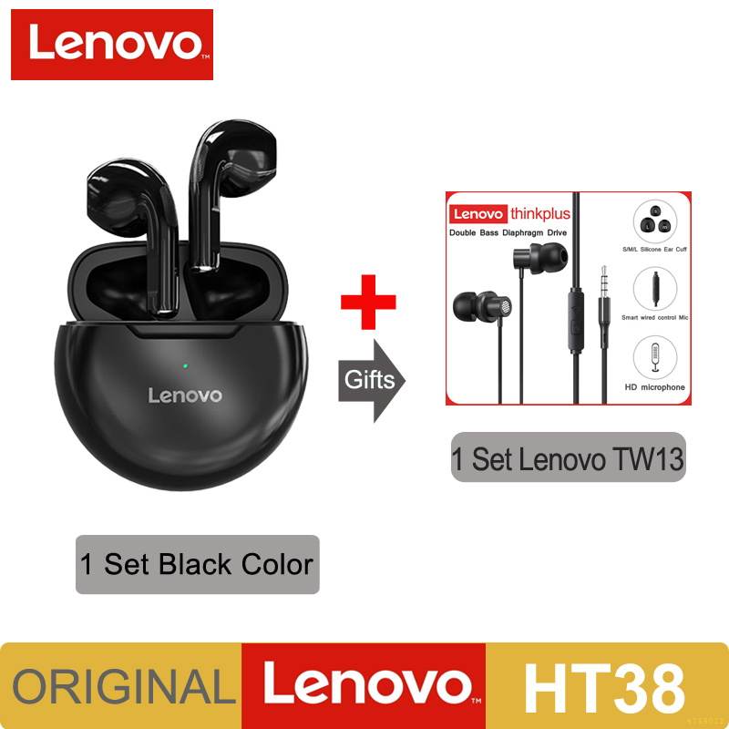 Lenovo HT38 TWS Earphone Wireless Fone Bluetooth Headphones AI Control Mini Headset Dual Mic Noise Reduction HiFi Stereo Earbuds: HT38 Black ad TW13