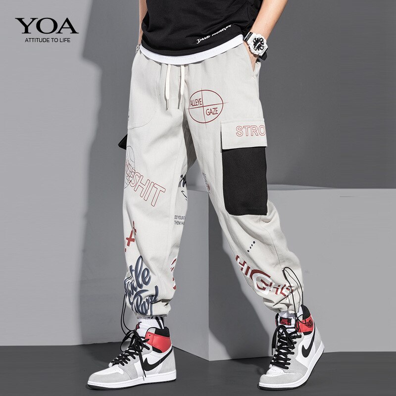 Graffiti Cargo spodnie męskie w pasie spodnie do joggingu mężczyźni list Casual spodnie ze sznurkiem męskie spodnie do biegania Streetwear