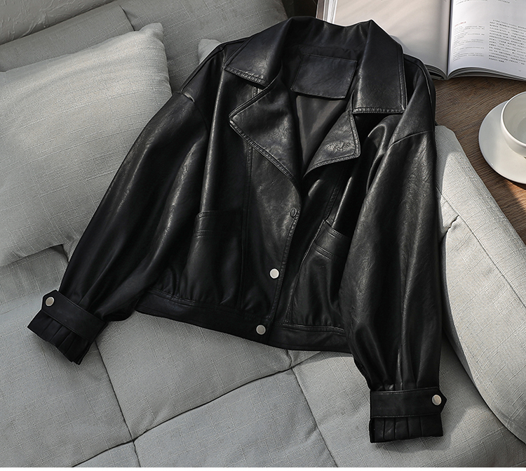 Jesień kobiet Faux skórzana kurtka moda luźna miękka Pu motocykl punkowa skórzana kurtka na wioślarz dla kobiet znosić: czarny / S