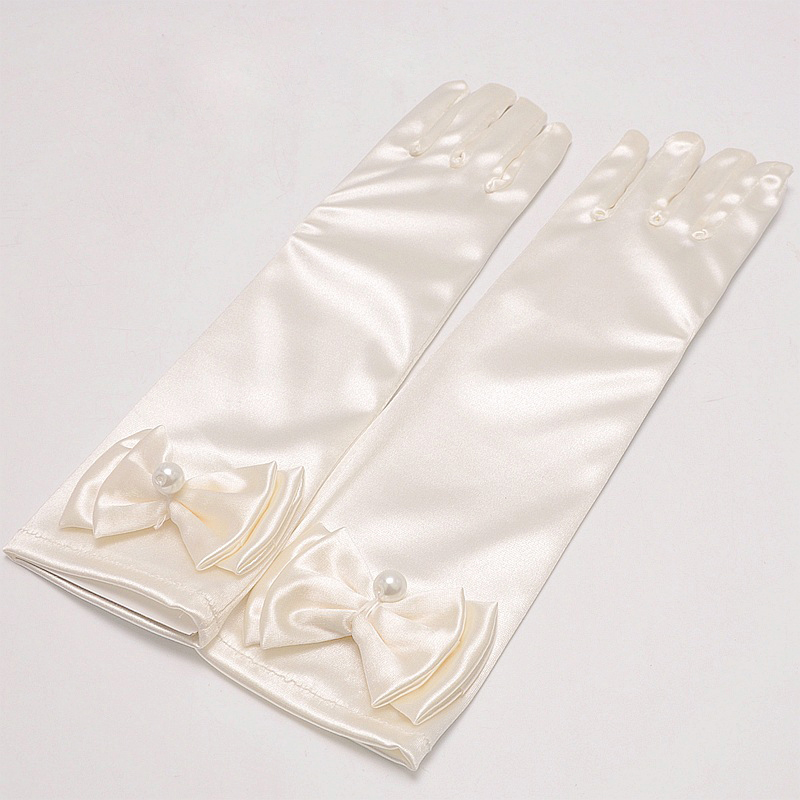 Gilrs lange satin handsker solbeskyttelse aften fest stretch blomst pige søde kjole tilbehør ceremonielle bowknot perle handsker: Beige