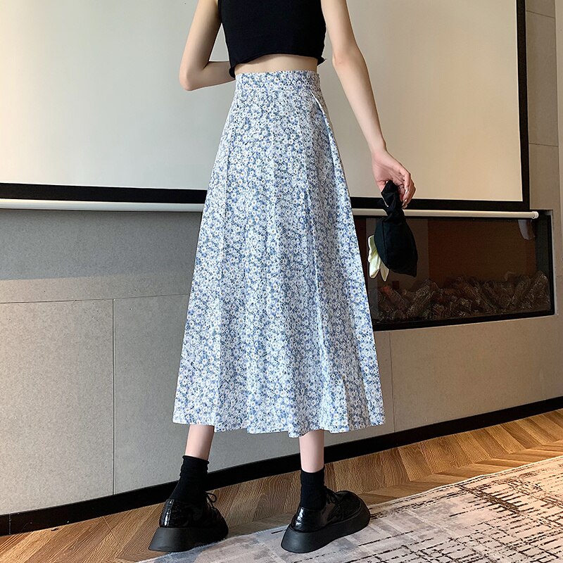 Jupe plissée à fleurs pour femmes, Style coréen, taille haute, Slim, décontractée, longue, été