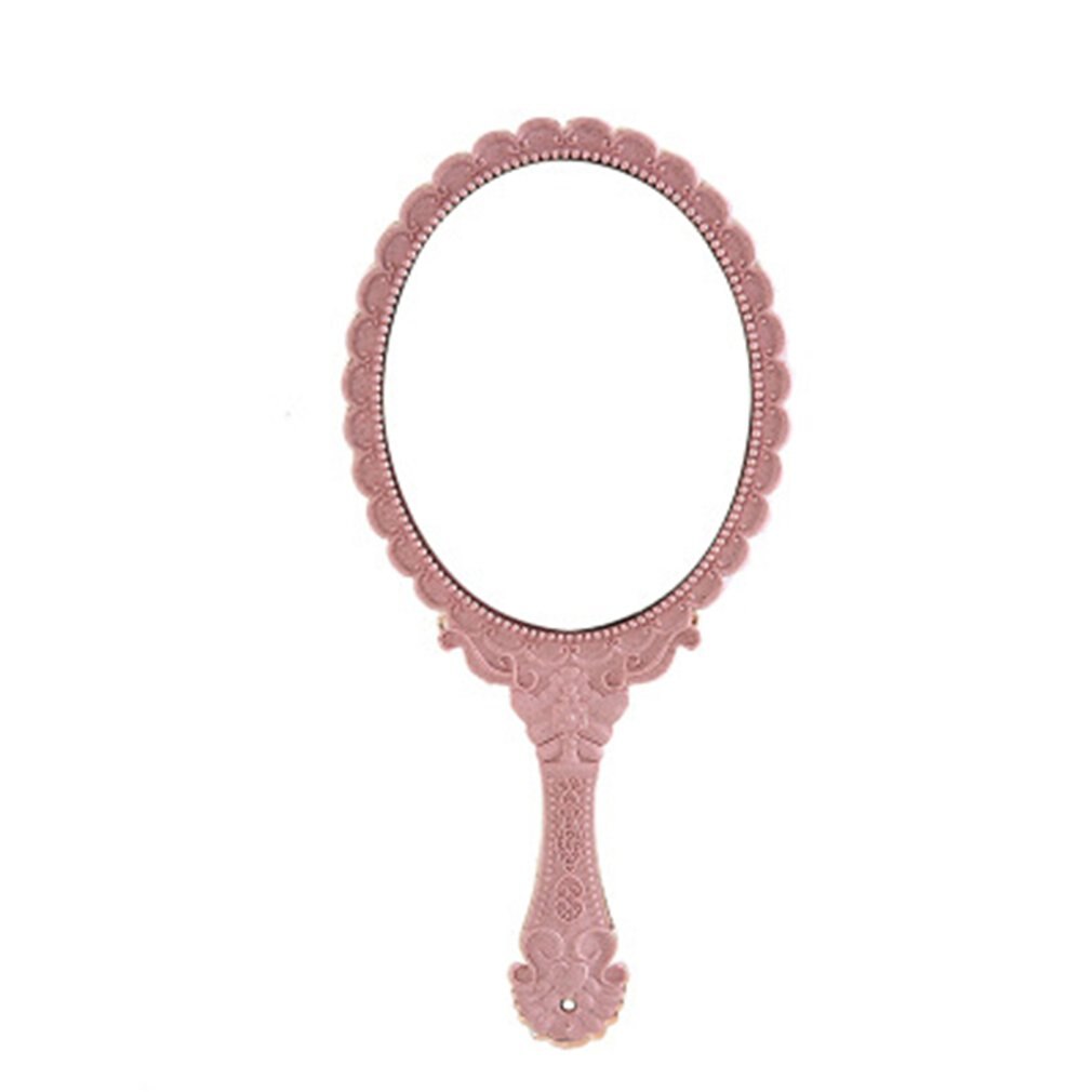 Espejo de maquillaje de mano Vintage, espejo de mano con mango para mujeres, espejo de mano redondo ovalado Floral con mango para tocador de belleza: pink