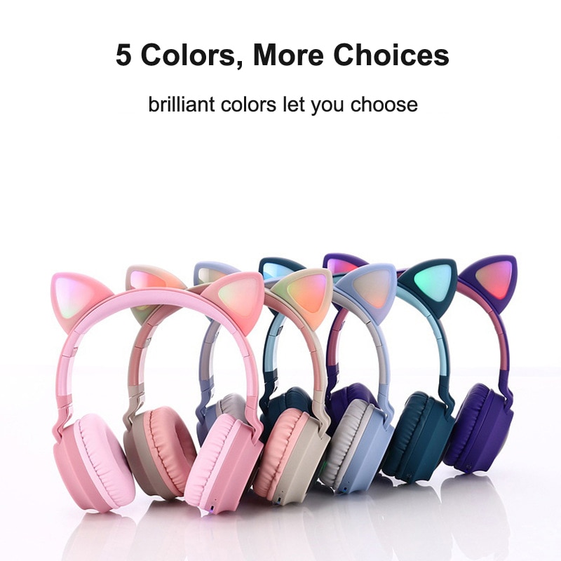 Cuffie Bluetooth a LED con orecchio di gatto cuffie carine, cuffie Bluetooth per bambini per ragazze cuffie vivavoce con luce incandescente cuffie da gioco