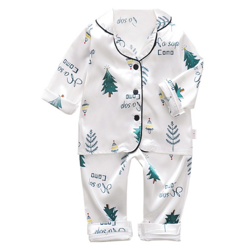 Sommer drenge pyjamas nattøj bomuld juletræ print kortærmede silke bluse toppe bukser hjemmetøj nattøj børne pyjamas sæt: Himmelblå / 24m 110cm