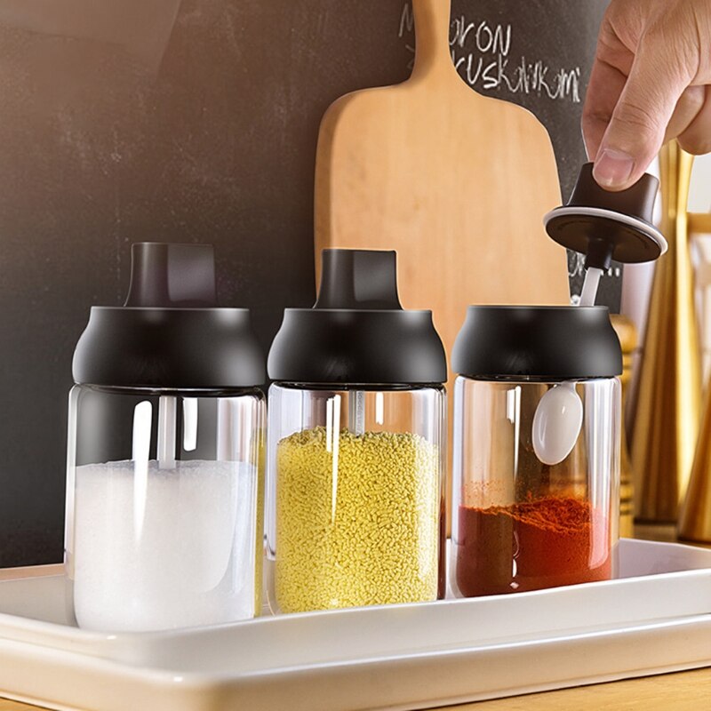 250ml High Borosilicate Glass Spice Jar Seasoning Condiment Salt Pepper Storage with Spoon Honey Stick Brush Lid Kitchen
