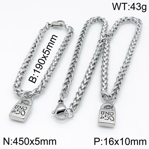 femmes hommes couleur argent or acier inoxydable serrure ronde clé Uno 50 boule perle Bracelet collier ensembles de bijoux: 9