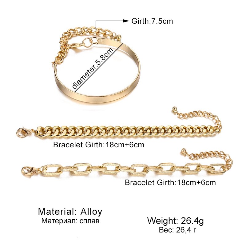 ZOVOLI Punk Gold Rock Heavy Metal Thick Chain Bangles Bracelet Cuban Link 4-Piece Bracelets Set For Women Boho Jewelry: Bracelet ZVB0129-1