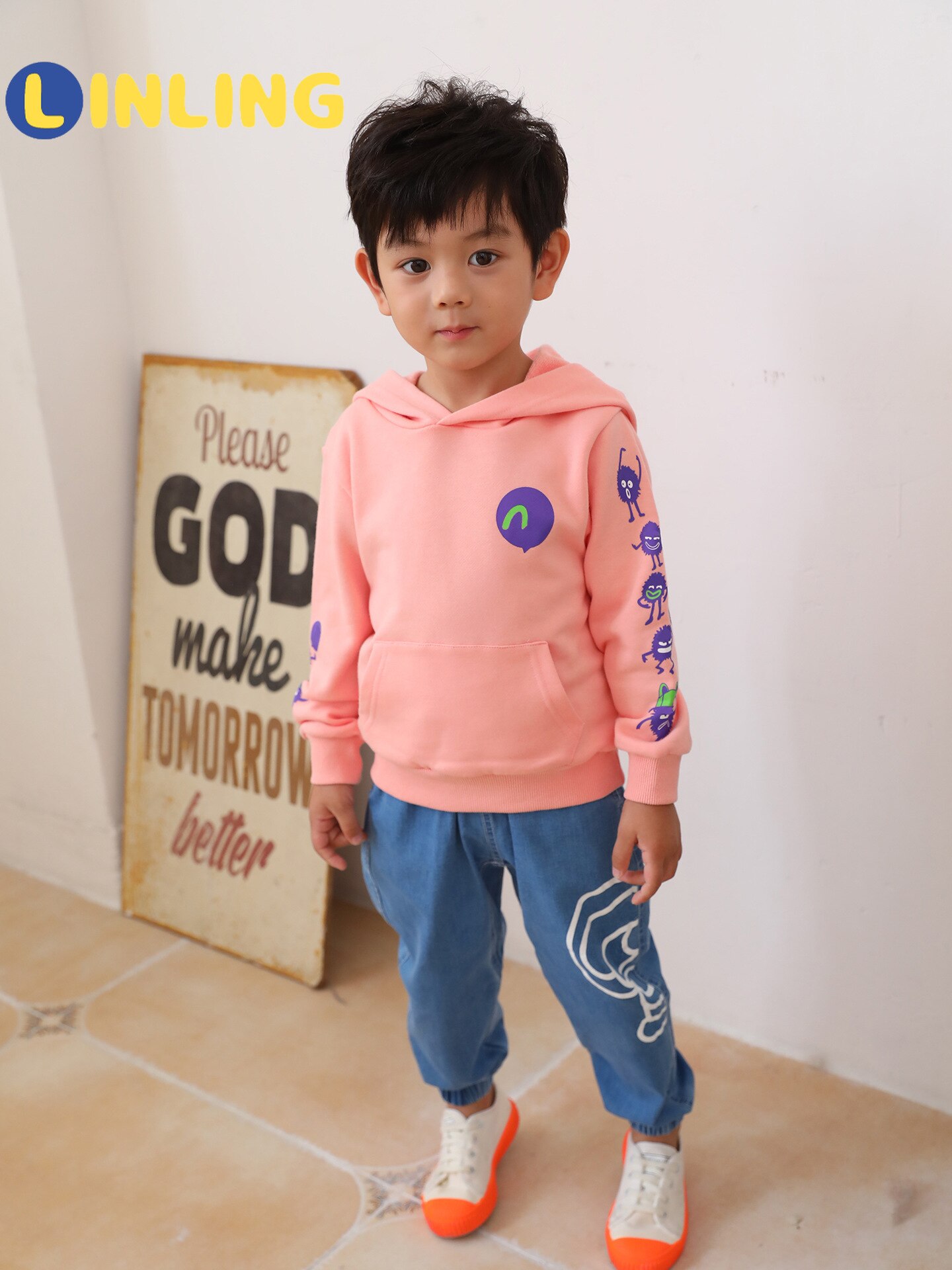 LINLING Nuovo Autunno di Arrivo di Inverno Rosa Grigio Sweatershirt Maglione Girocollo Stampa Del Fumetto Felpe Ragazze Magliette E Camicette Vestiti P436