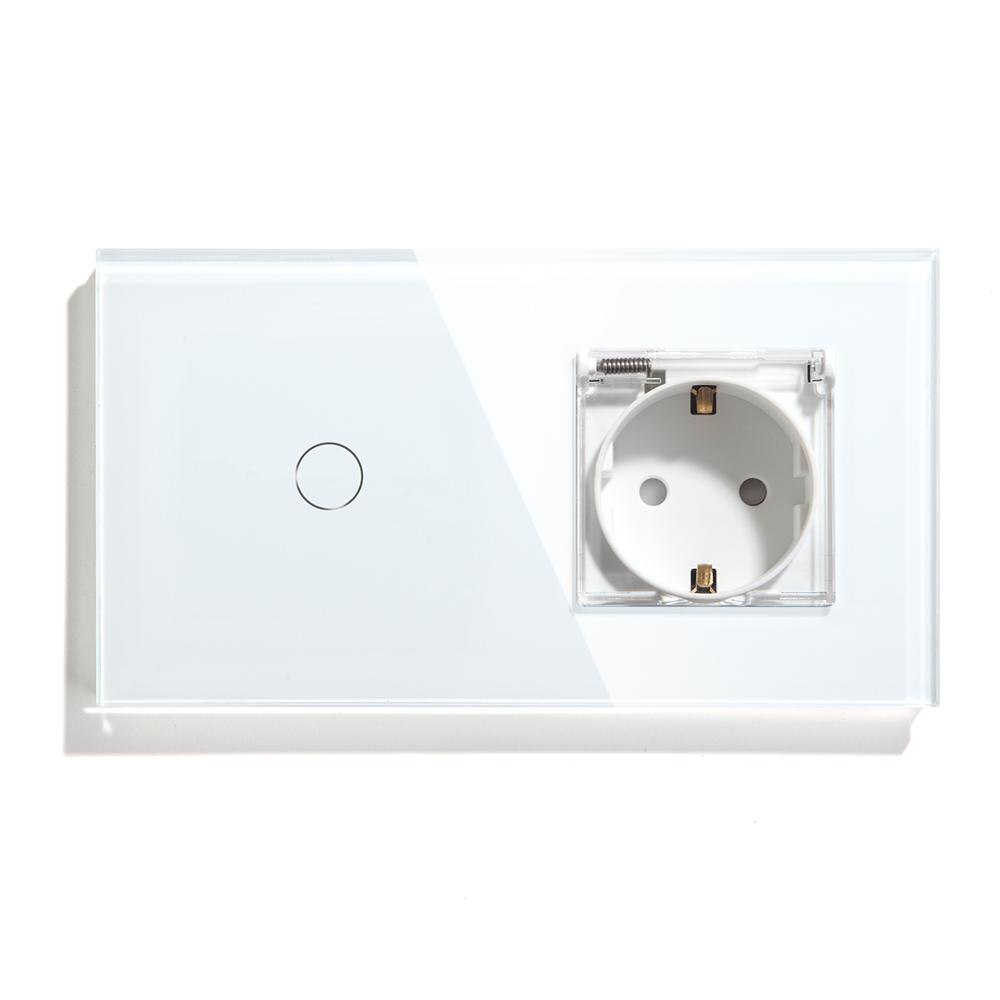BSEED Waterproof EU Standard Wall Socket Switch 1Gang 1 Way 2 Way Switch 3 Colors Crystal Glass Panel Touch Switch: White Wall Socket / 1 Gang  1 Way