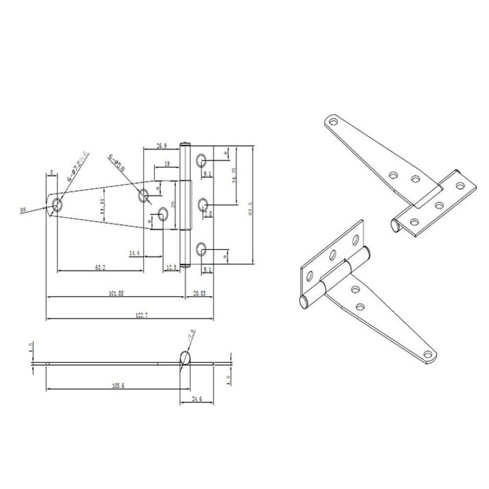 4X 63.5*122.7*1.5mm Tee Hinge Decorative Heavy Duty Galvanized Strap T Hinges Door Gate Shed