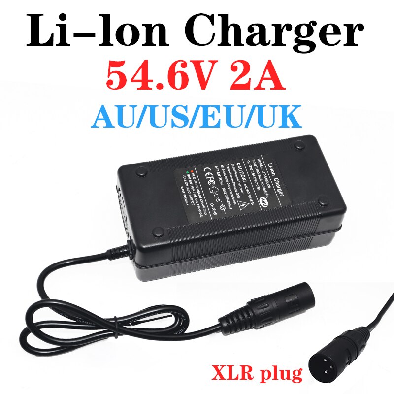 Cargador de batería de litio de 48V/54,6 V 2A 13S Scooter ebike cargador de batería de iones de litio con conector XLR de 3 pines UE/EE. UU./AU/Reino Unido