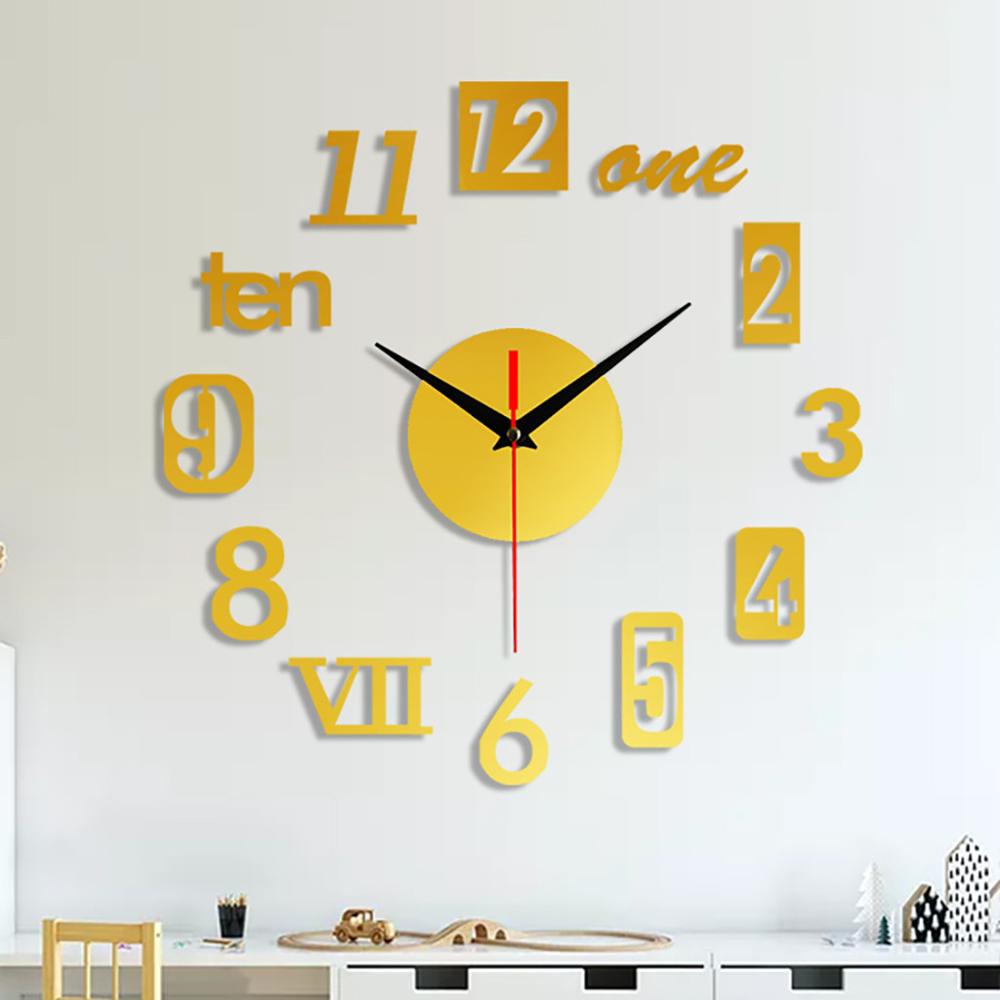 Frameless DIY Wall Mute Clock 3D Mirror Surface Sticker Home Office Decor CD: Gold