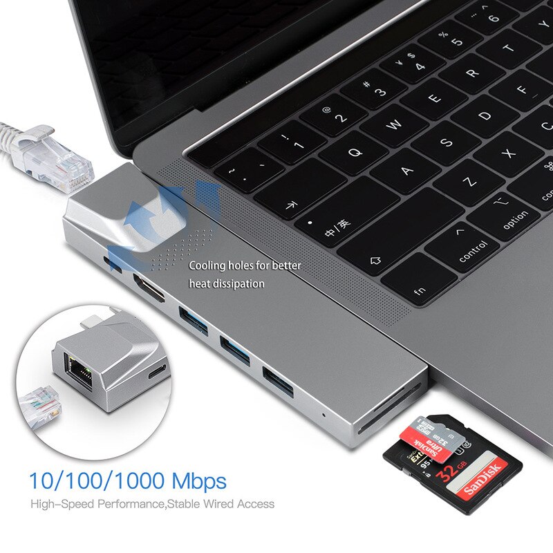 8 In 1 Docking Station USB C Adapter with 4K HDMI Dual Type C 3 Port USB3.0 Hub SD TF Card Reader 1000Mbps for MacBook Pro Air