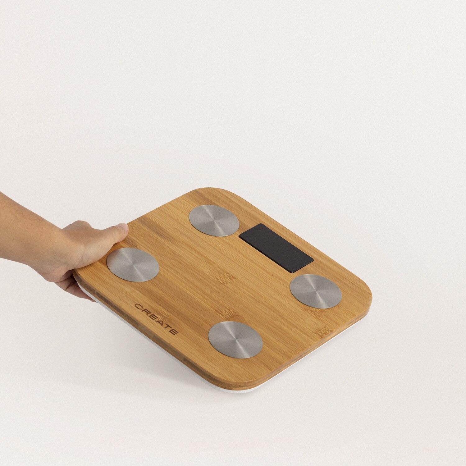 CREATE-BALANCE BODY BAMBOO SMART, Báscula de Baño de Bioimpedancia de Bambú, 12 Parámetros Bio-corporales, Conectividad WiFi APP