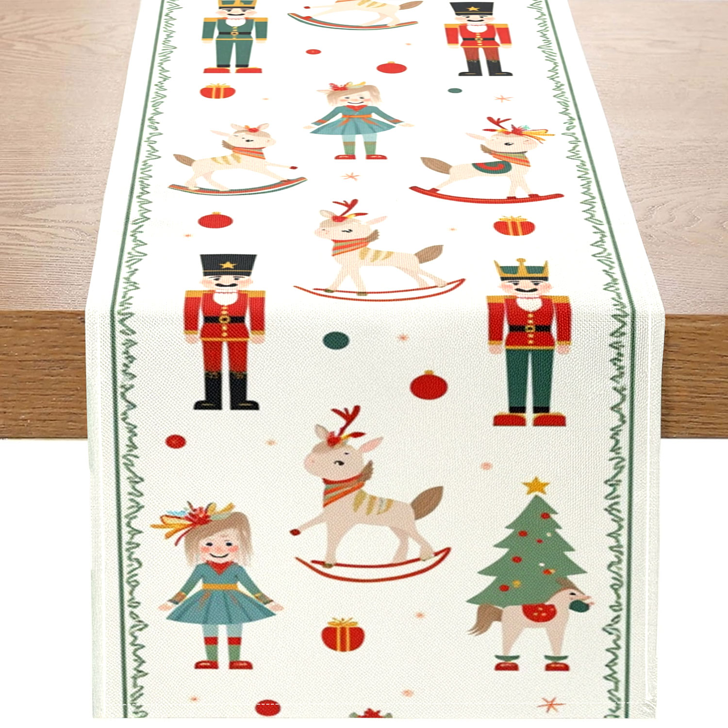 1 bordslöpare med jultema och mönster som nötknäppare, gunghästar och julgranar, lämplig för familjesammankomster, dekorationer och andra tillfällen under julen: 32*210cm