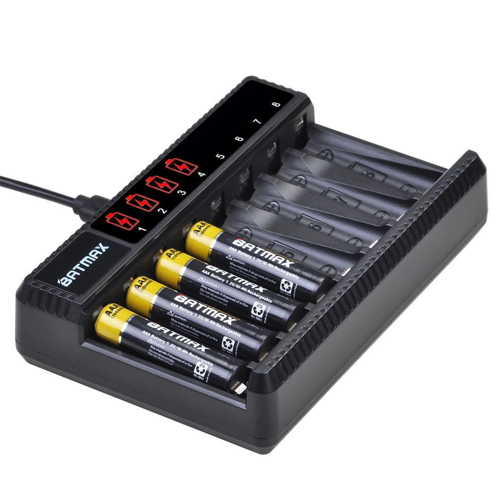 1.2v nimh aa batteri aa aaa oppladbart batteri  + 8- spor lader til lommelykter, fjernkontroller, lekebatteri
