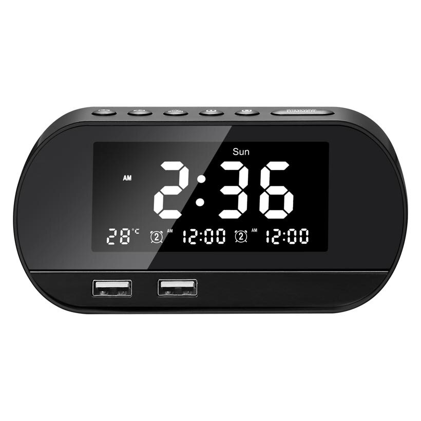 T2 Dual USB Charging Alarm Clock White Smart Wireless Radio LCD Calendar Temperature Display for Bedroom Desktop: Black