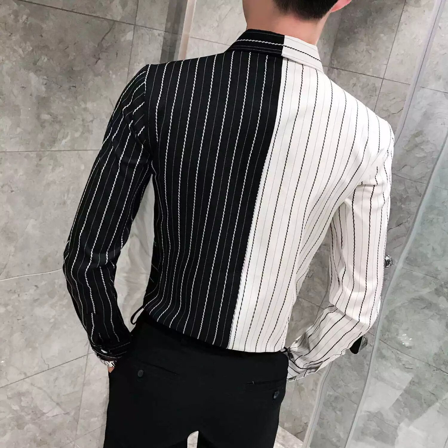 Randig skjorta herr långärmad slim fit svart vit kontrastfärg patchwork camisa hombre casual koreanska höstskjortor  v210