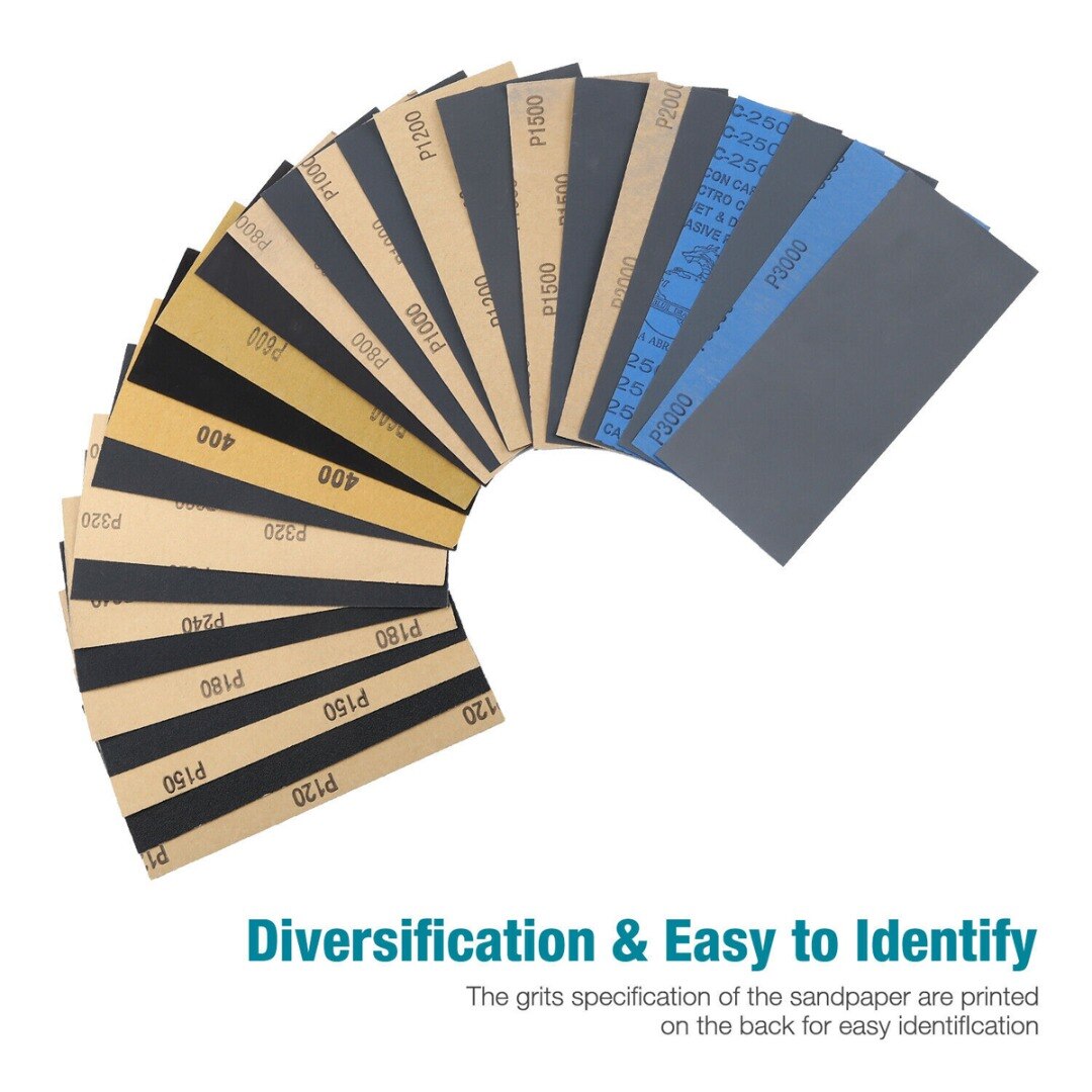 42Pcs Car Auto Sandpapers Wet Dry Use Assorted Sand Paper Sheets Coarse 120-3000 Grit Polishing Car Metal Glass Wood Sandpaper