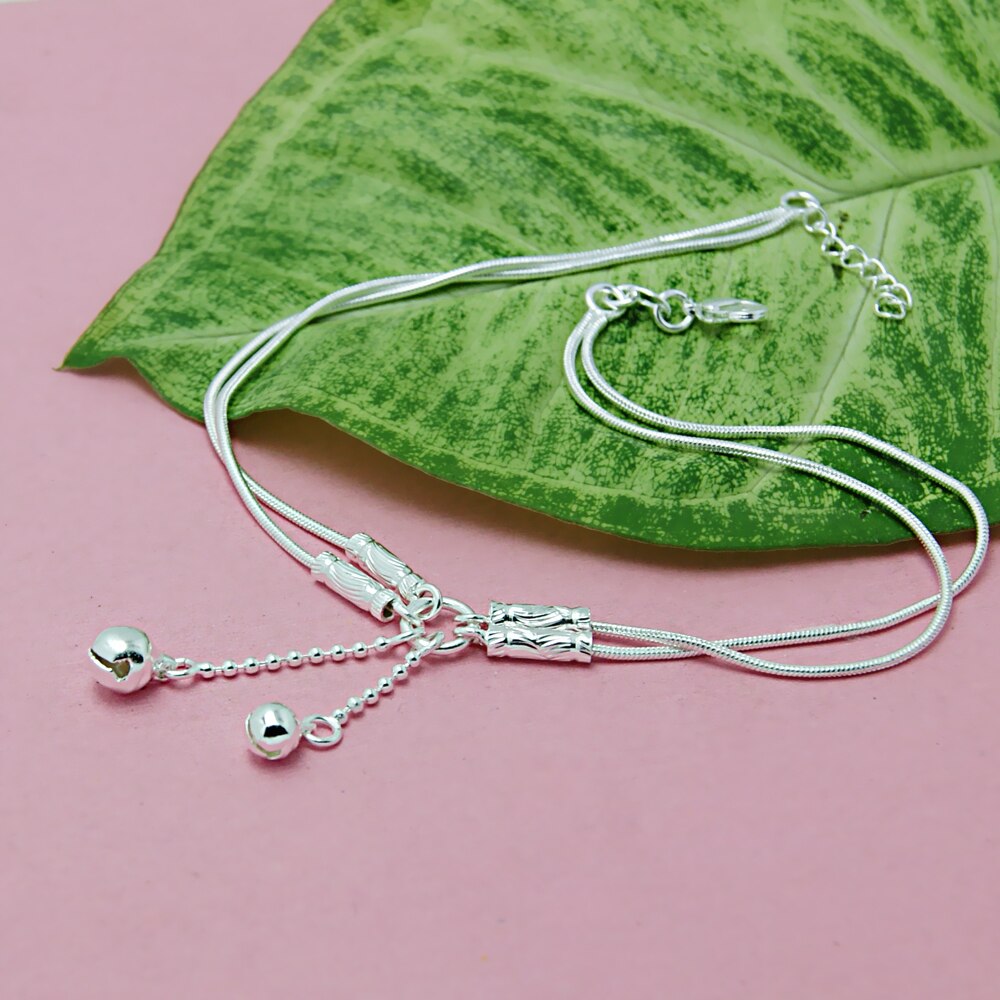 925 jewelry for lady leg chain, 925 silver small bell anklet. Double snake chain women accessories