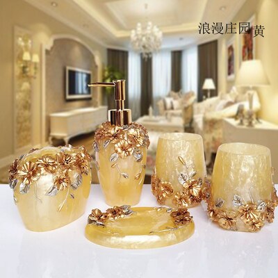 Wedding Bathroom Set- Pink Bathroom Accessories Kit-Red Resin Five-piece Set-Soap Dispenser-Toothbrush Holder: G