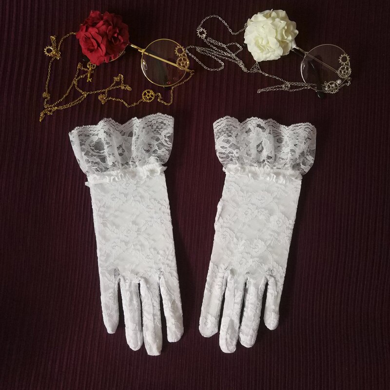 Guantes de encaje Retro para mujer, guantes de novia blancos oscuros góticos, accesorios de Lolita para sesión de fotos y fotos: White