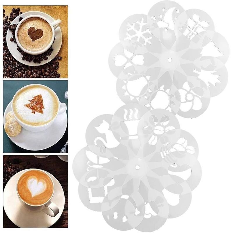 19 stuks/set koffiesjablonen, koffiedrukmal, schuimspray cake, cappuccino tekenmal, poederzeef, gereedschap, café-accessoires