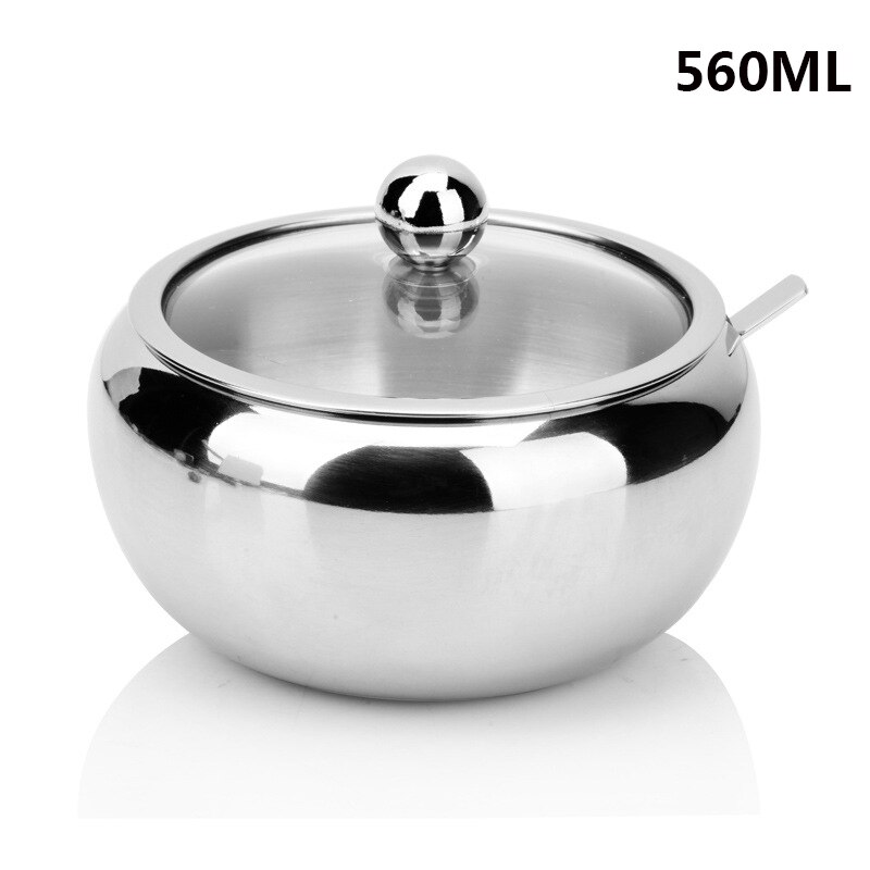 Kitchen Stainless Steel Sugar Bowl With Lid And Spoon Portable Sugar Box Container Cooking Sugar Seasoning Jar Storage Tools: 560ML