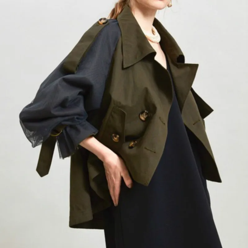 Neploe Double Breasted Mesh Patchwork Jas Vrouwen 2025, Turn-down Kraag Jas Herfst Panelen Zachte Flare Mouw Tops: Army Green