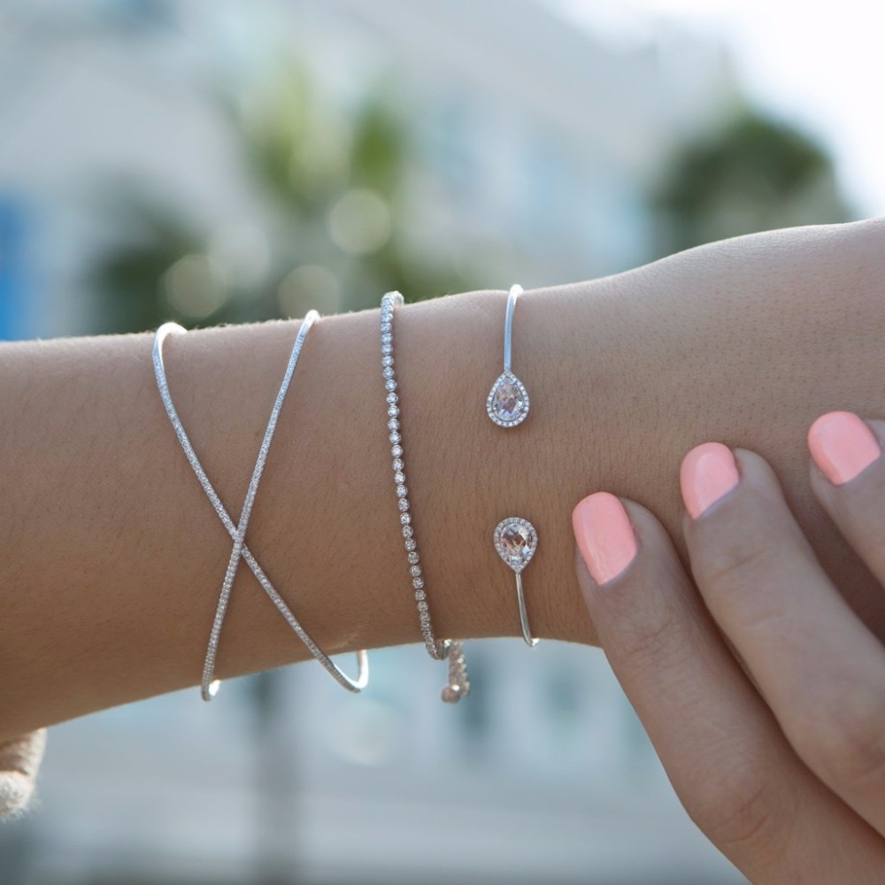 Aberto manguito pulseira 2018 moda jóias uso diário pêra lágrima gota cz dupla face zircônia cúbica matal fio pulseiras