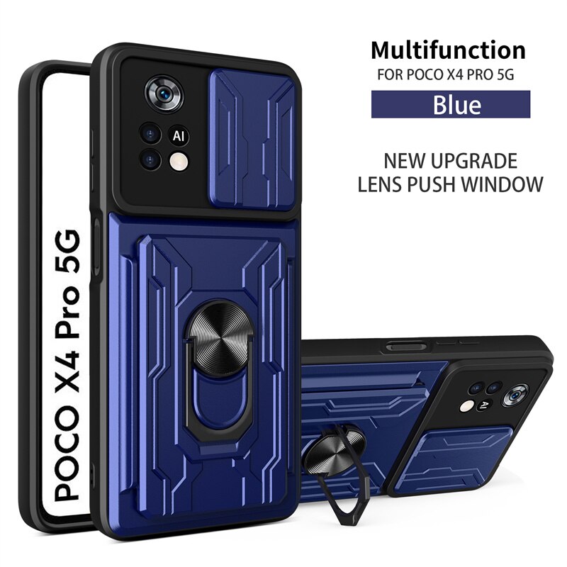 Voor Xiaomi Poco X4 Pro 5G Case Magnetische Ring Houder Armor Cases Voor Pocophone X4Pro PocoX4 Pro Poko X 4 Pro Card Slot Back Cover: Blue