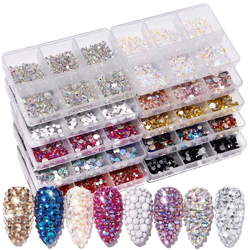 2 colors 12 Grid 1440pcs AB crystal flat back rhinestone diamond gem 3D glitter nail art decoration for Nails Accessories