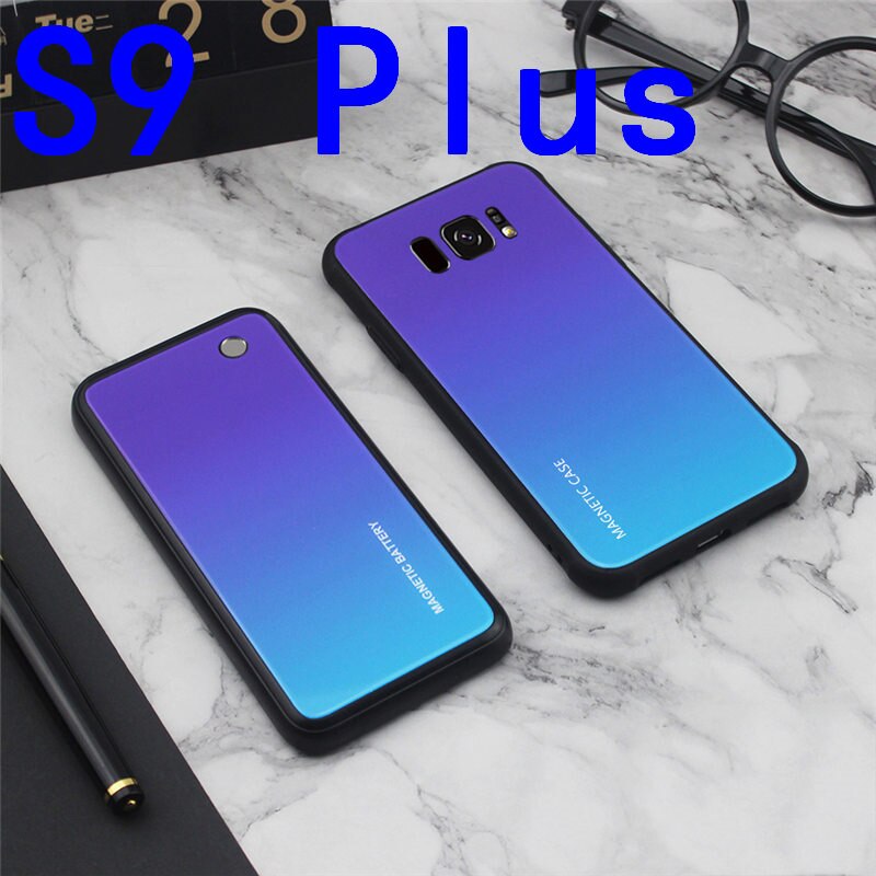 Slim Gradient Tempered glass Magnetic Wireless charger Case For Samsung Galaxy S8 S9 Plus Power Bank Battery Charging Case Cover: S9 Plus-Purple