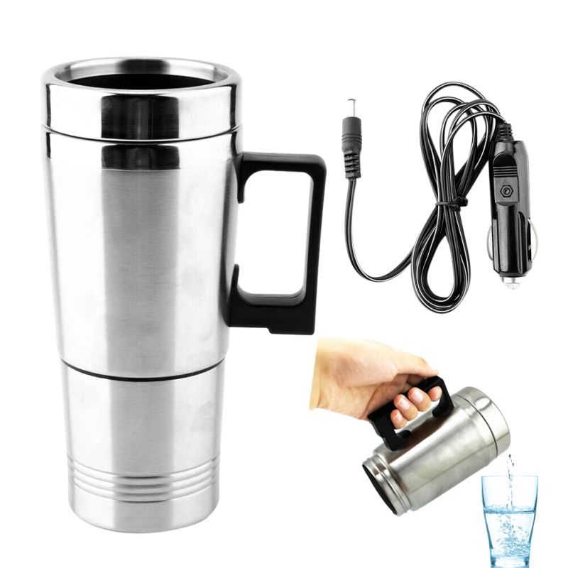 Universal 450ml elektrisk i bilen rustfrit stål rejseopvarmning kop kaffe te bil kop krus til de fleste bil kopholdere 12/24v