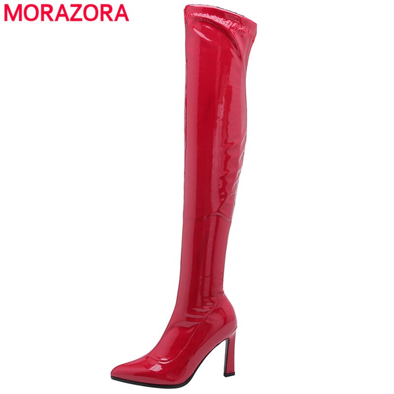 Morazora Grote Maat 34-43 Lakleer Stretch Laarzen Vrouwen Hoge Hakken Over De Knie Laarzen Herfst Winter dij Hoge Laarzen