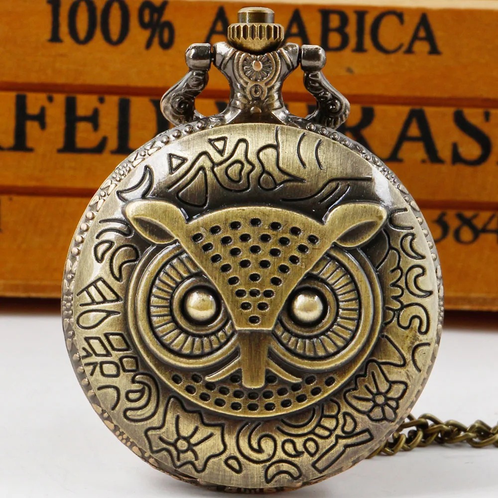 Antique Owl Carved Vintage Quartz Pocket Watch Bronze Necklace Unisex Clock Analog Pendant Accessory Clock Best Souvenir