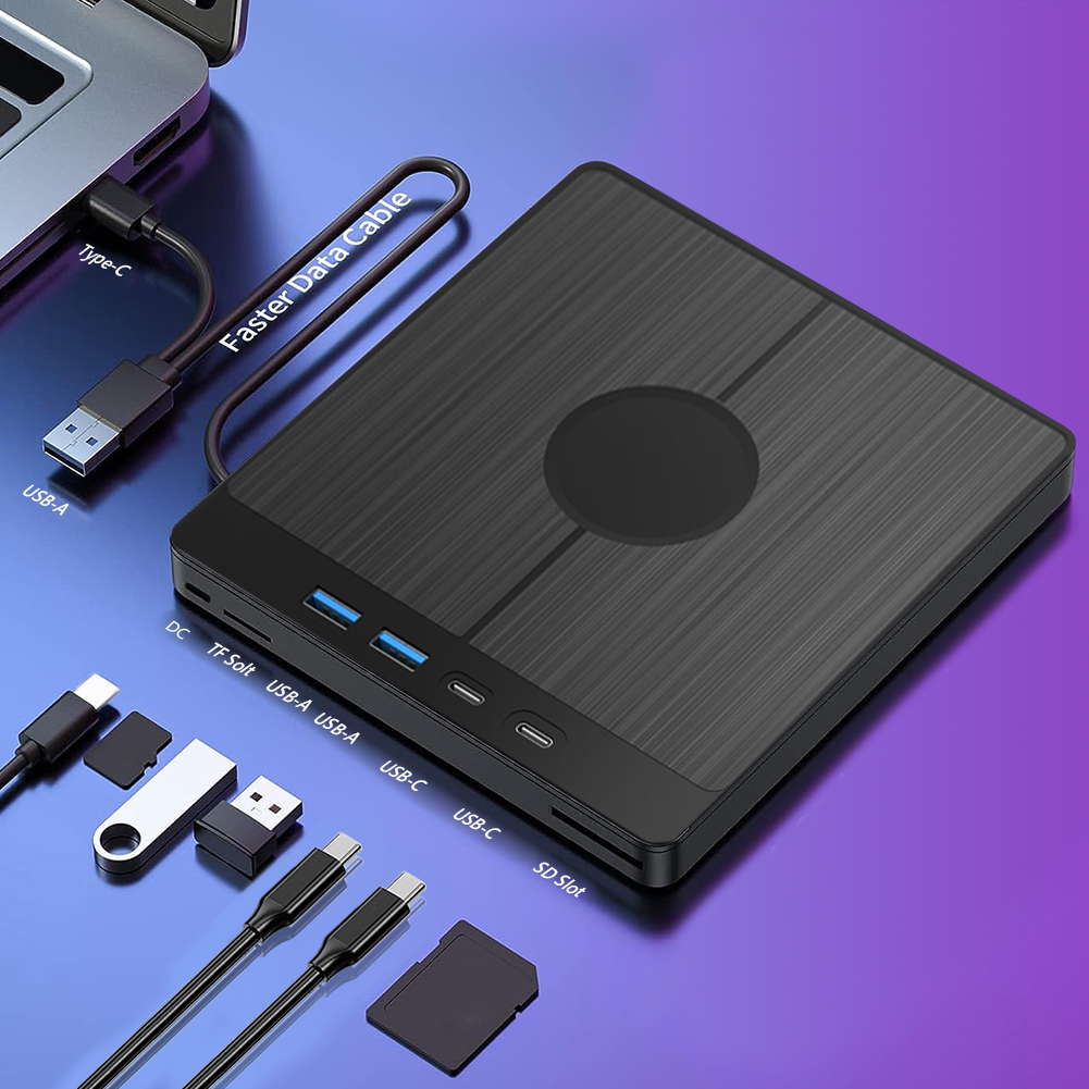 Unidad externa de CD/DVD 7 en 1, reproductor de DVD USB 3,0 con 2 puertos USB/tipo C, 1 ranura para tarjeta TF/SD, quemador de CD/DVD para ordenador portátil
