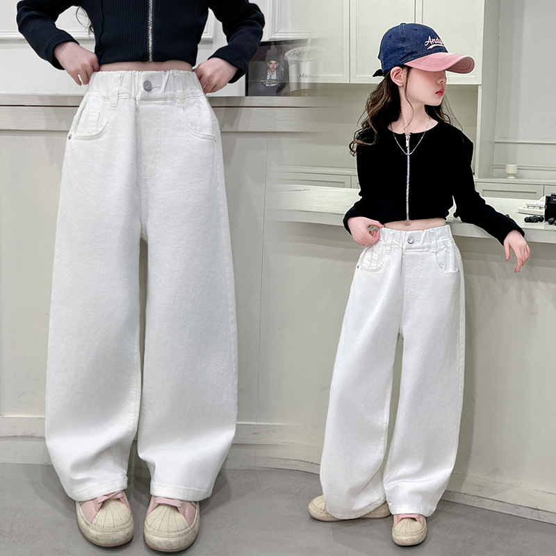 Pantalones vaqueros rectos blancos Vintage para niños con lazos para niñas, nuevos pantalones vaqueros holgados ajustados de primavera, pantalones vaqueros informales para niños y adolescentes