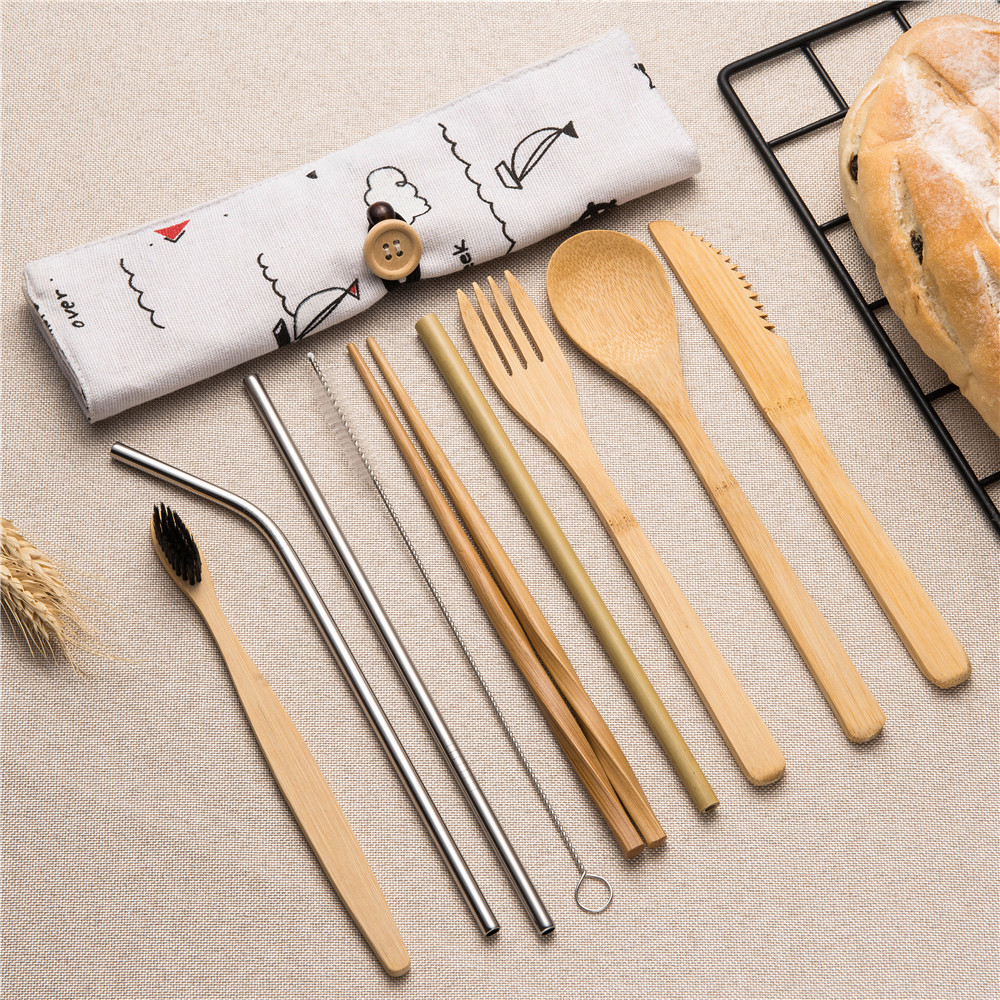 10 stuks Herbruikbare Bamboe Bestek Set Draagbare Servies Houten Bestek Vork Lepel Mes Set met Bestek Tas voor Travel Dinning set: 10pcs set005