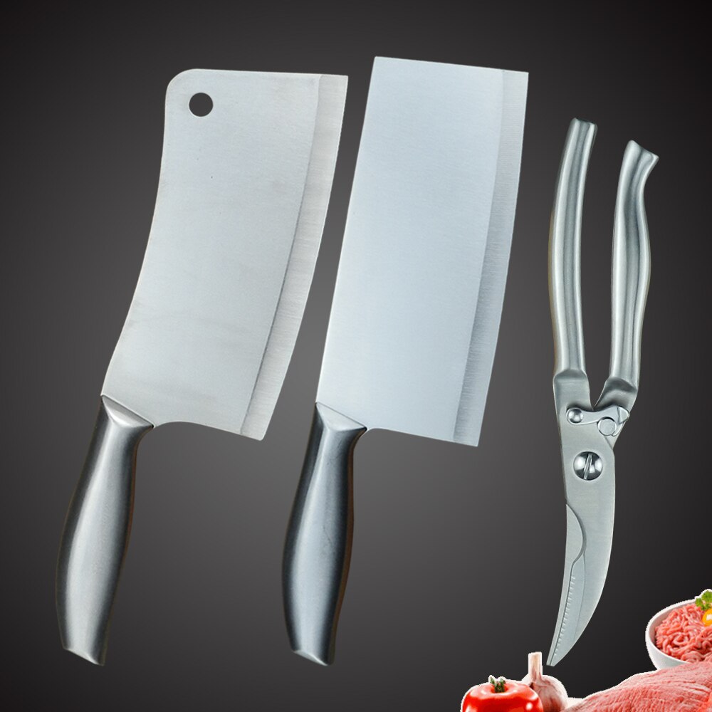 Stainless Steel Kitchen Knife Set 1-4PCS Chopping Cleaver Chef Knives Chicken Bone Scissor Cooking Tool Cutting Slicing Meat: 3PCS SET-B