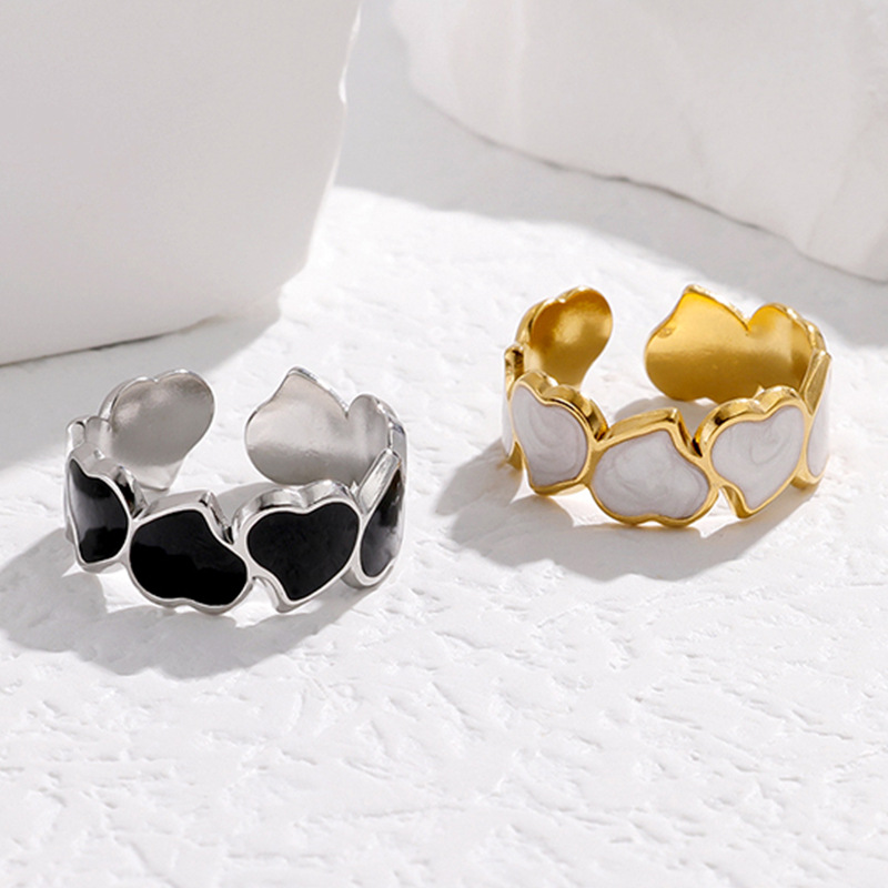 Anillos de corazón blanco y negro de acero inoxidable para mujer, anillos abiertos con goteo de aceite de Color dorado, joyería de boda, , bisutería para mujer
